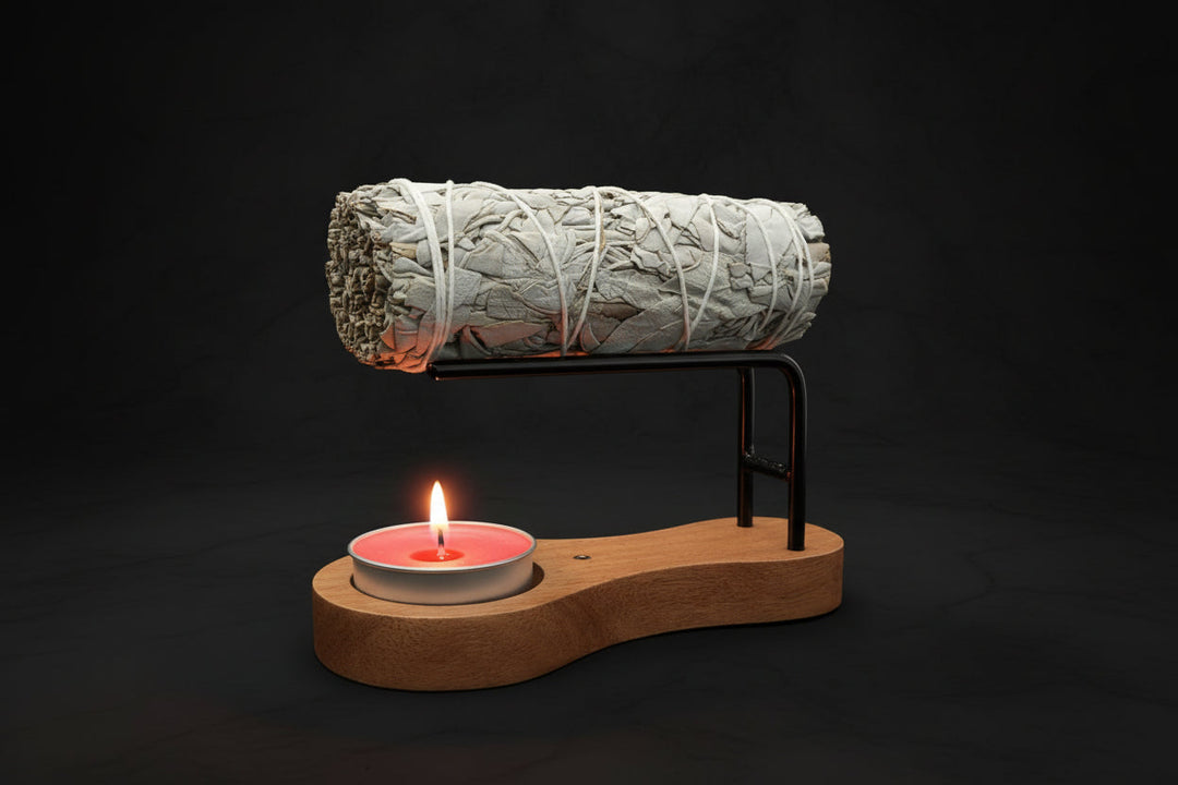 Wooden burner and candle holder for aromatic ritual supplies