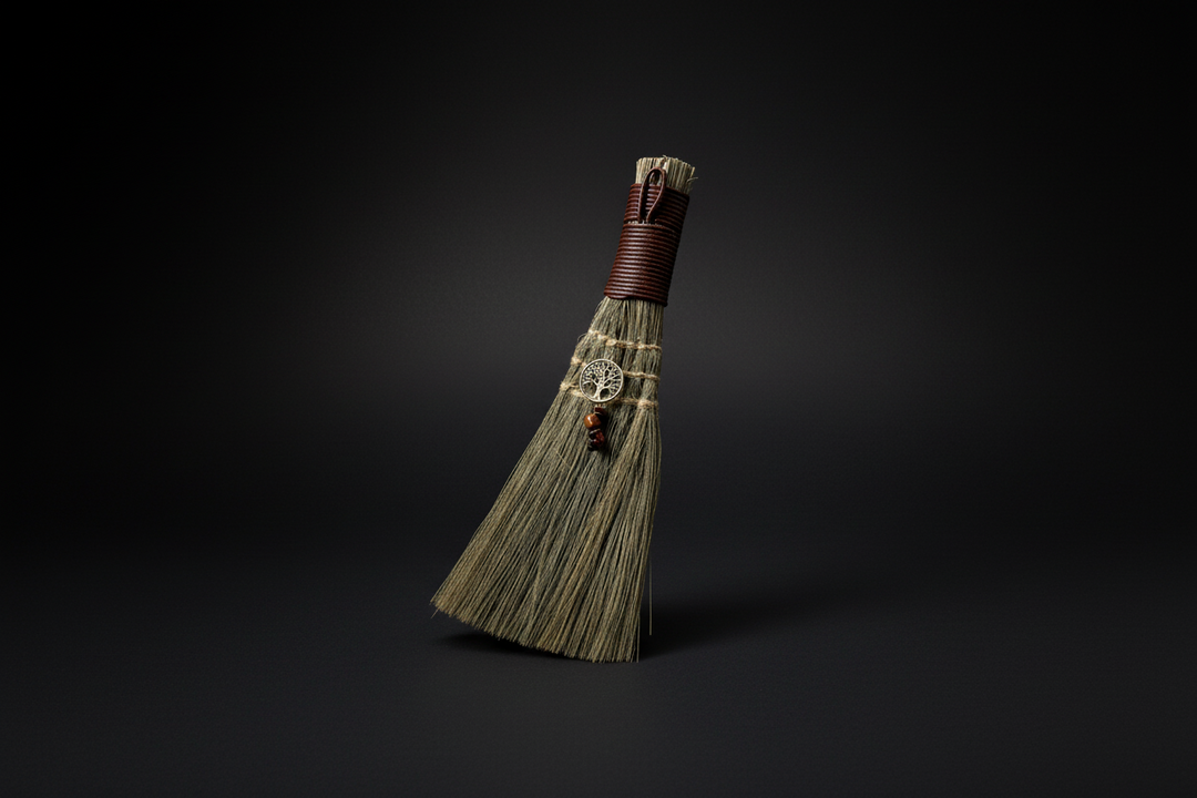 Altar broom with Tree of Life charm representing smoke-free cleansing tools