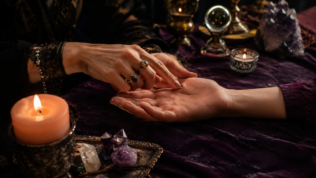 Palm reader tracing lines on an open hand over purple velvet with candles, crystals, and a crystal ball.