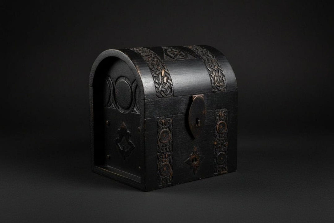 Latched wooden ritual chest with pentagram and Triple Moon