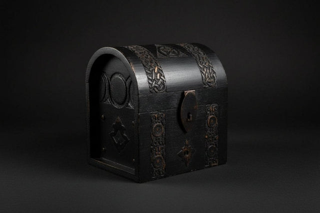 Latched wooden ritual chest with pentagram and Triple Moon