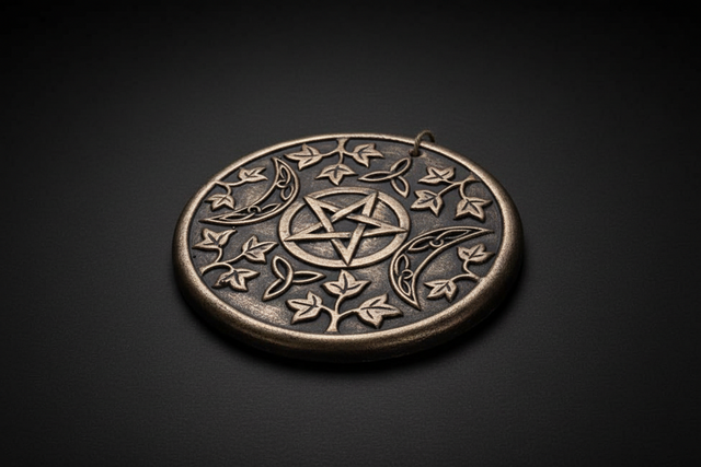 Terracotta wall plaque with pentacle, triple moon symbols, and vine detailing for altar and ritual display. Wall Hanging Picture.