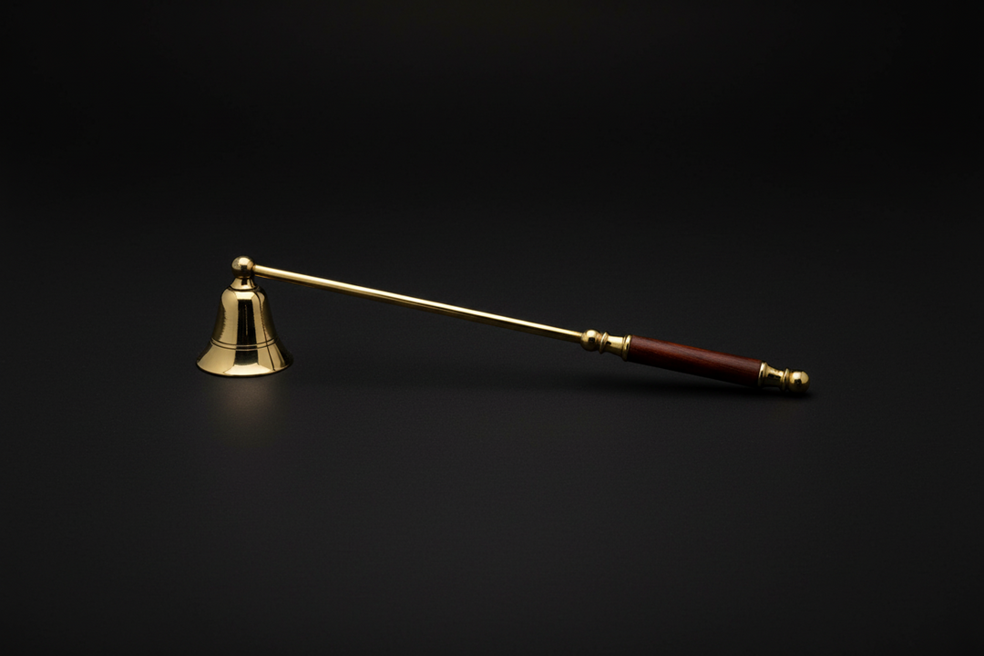 Brass and wood candle snuffer for safely extinguishing candles