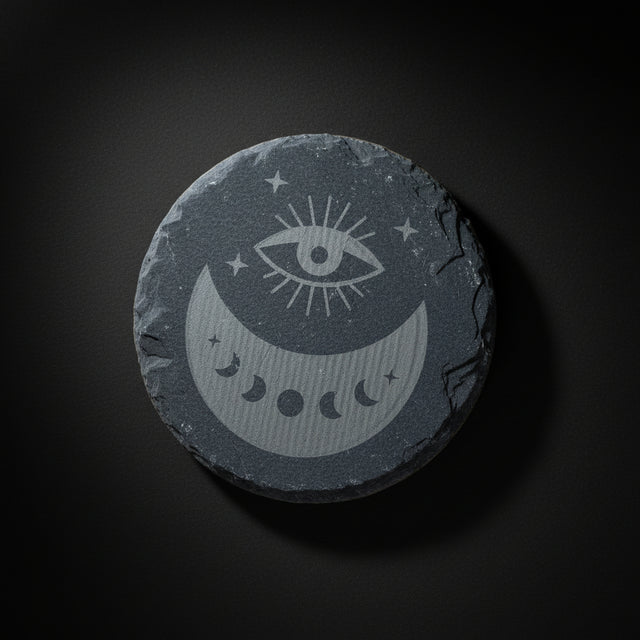 Engraved slate altar tile with eye symbol and crescent moon phases used for grounding and altar work.