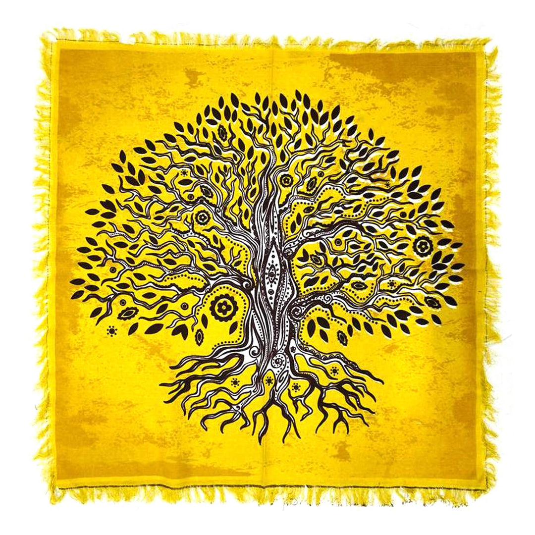 Yellow Tree of Life altar cloth measuring 24 by 24 inches