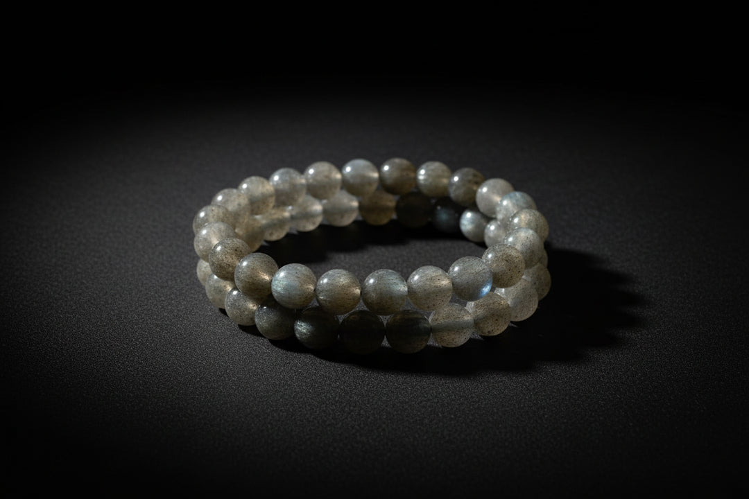Labradorite beaded bracelet with gray stones and iridescent flash