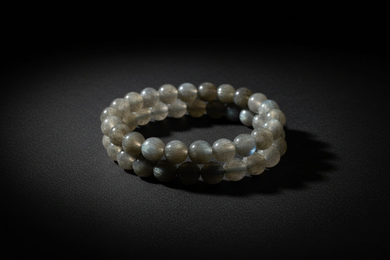 Labradorite beaded bracelet with gray stones and iridescent flash