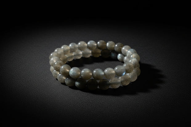 Labradorite beaded bracelet with gray stones and iridescent flash