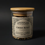 Organic peeled cut-and-sifted orris rhizome (Iris × germanica) in a labeled glass ritual herb jar