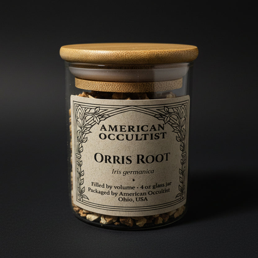 Organic peeled cut-and-sifted orris rhizome (Iris × germanica) in a labeled glass ritual herb jar