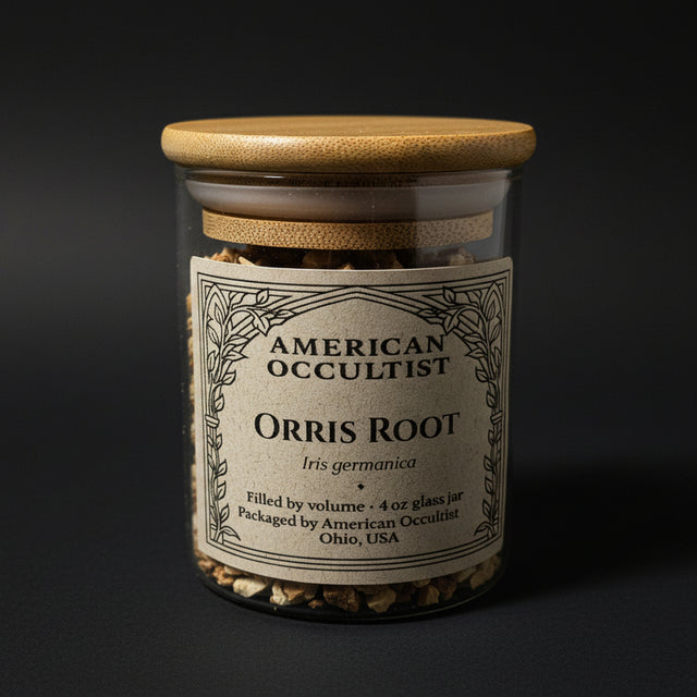 Jar of American Occultist Orris Root against a marble background