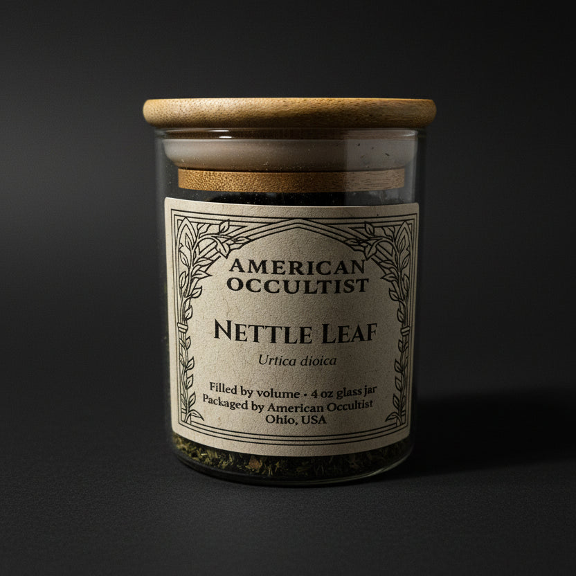 Dried cut-and-sifted nettle leaf (Urtica dioica) in a labeled glass ritual herb jar