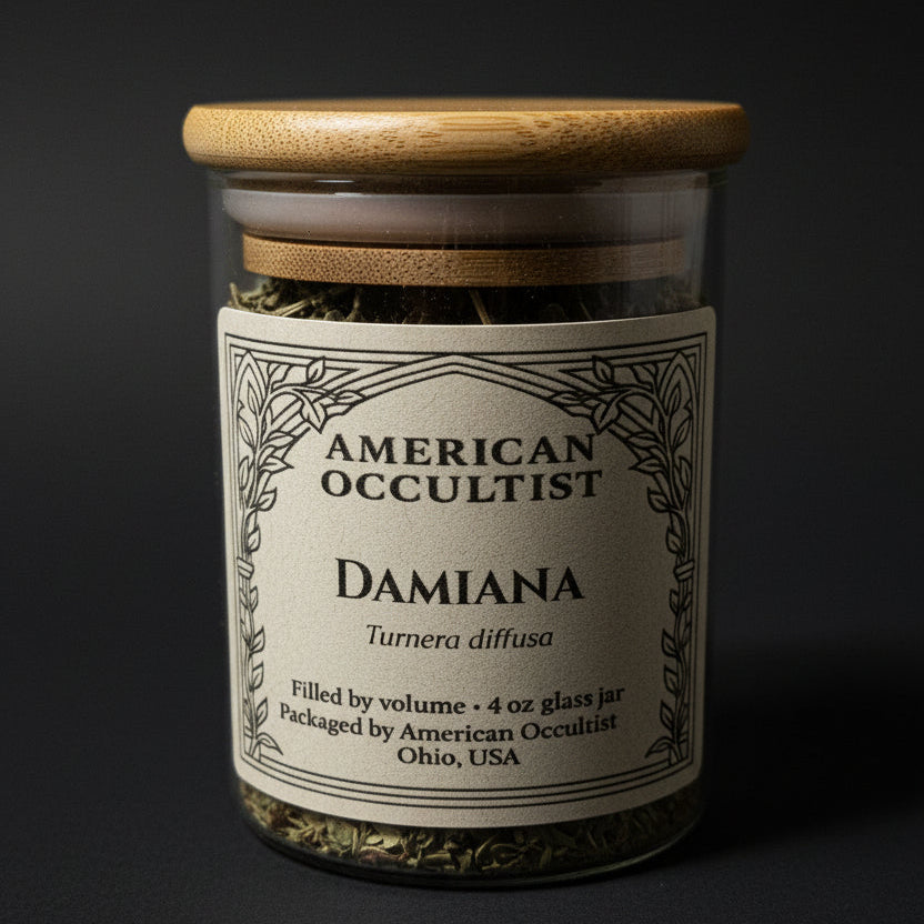 Organic cut-and-sifted damiana leaf (Turnera diffusa) in a labeled glass ritual herb jar