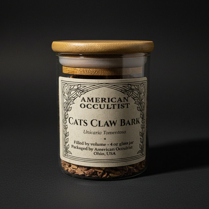 Dried cat’s claw bark (Uncaria tomentosa) in a labeled glass ritual herb jar