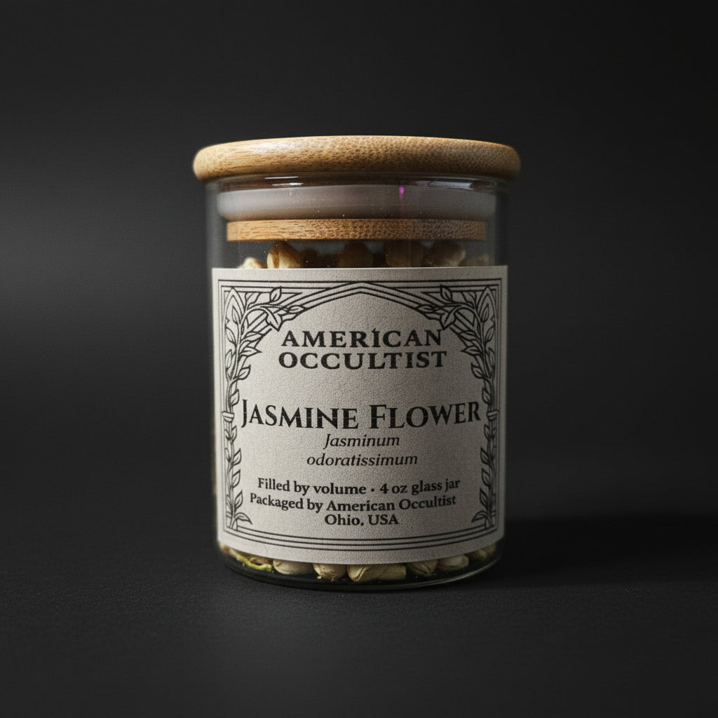 Whole dried jasmine flowers (Chrysojasminum odoratissimum; syn. Jasminum odoratissimum) in a labeled glass ritual herb jar