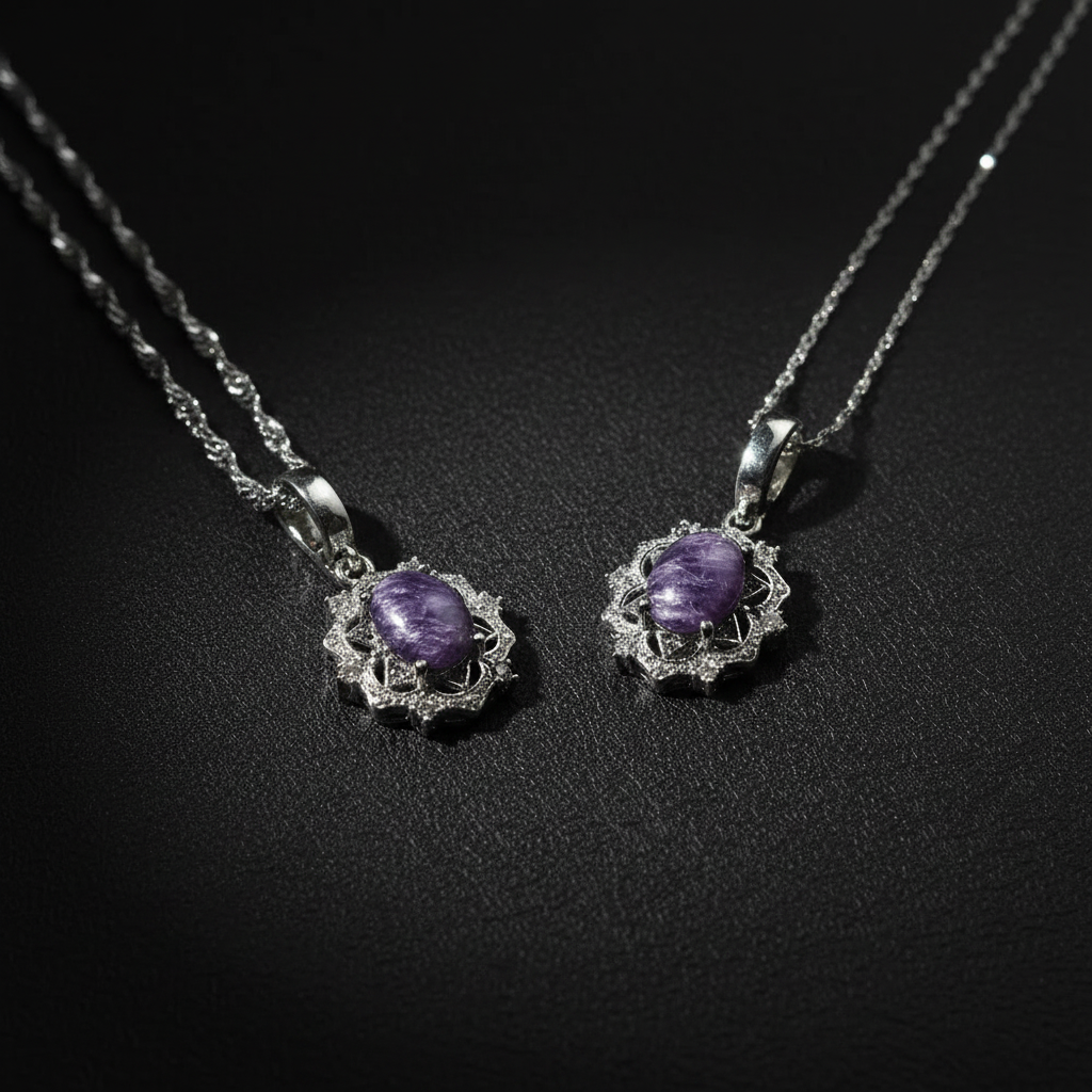 Charoite necklace with polished purple patterned stone