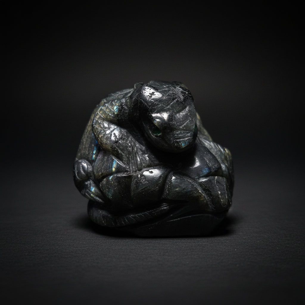 Polished Labradorite lizard carving with carved scale texture and green eye accents