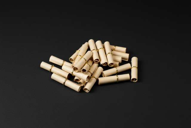 A pile of small, aged-looking parchment scrolls with metal rings on a textured white background, likely representing blank spell paper for intentions and magical writings.