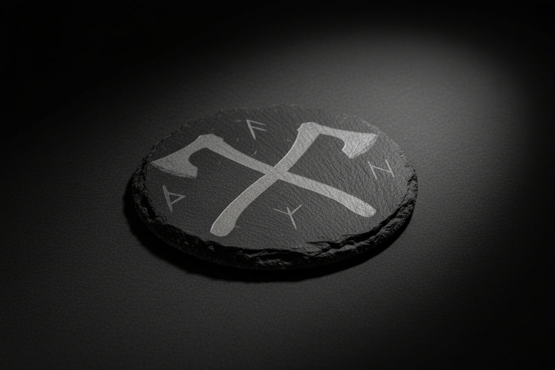 Slate coaster engraved with crossed axe symbol and runes used as altar tile or ritual surface.