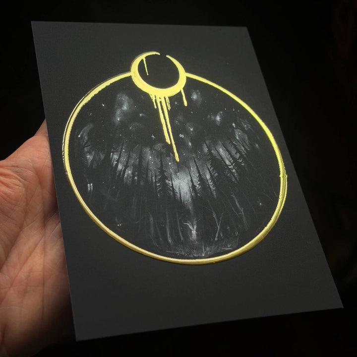 Magic Hours gold foil jackalope and crescent-moon print by Brian Serway