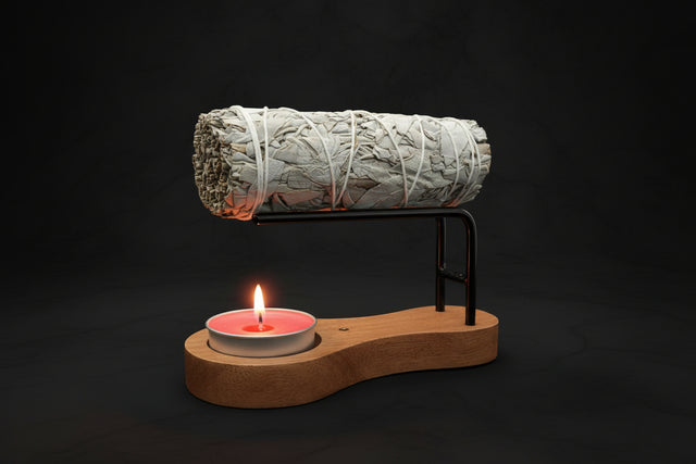 Three-in-one wooden sage burner, candle holder, and incense burner