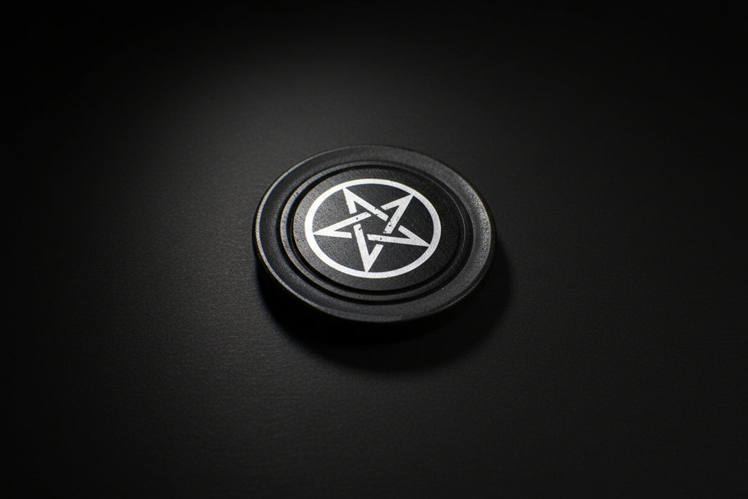 Wood altar tile with a silver-tone pentacle design