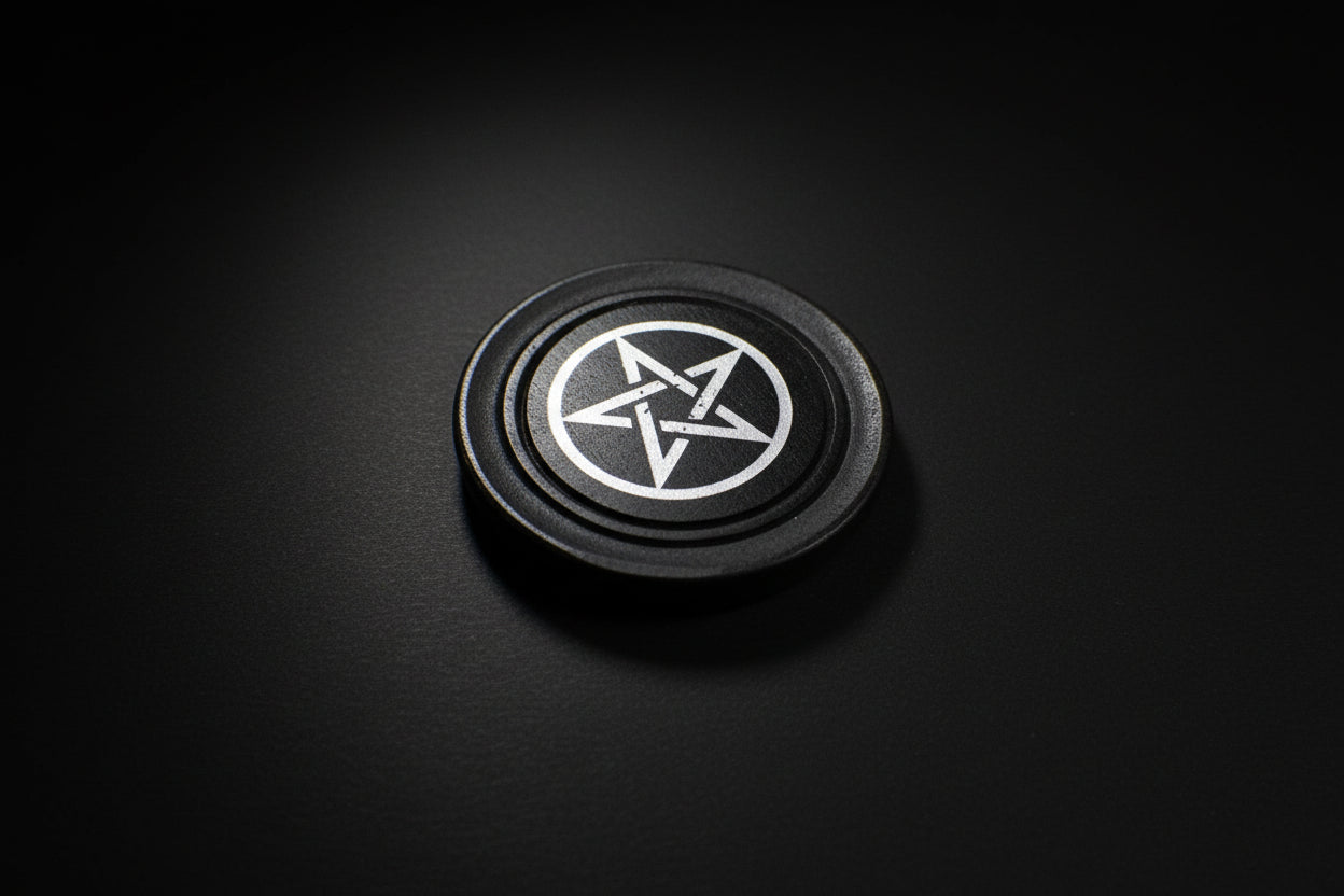 Wood altar tile with a silver-tone pentacle design