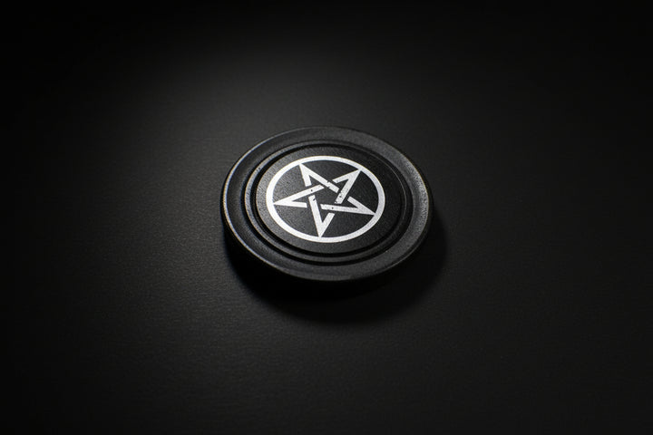 Wood altar tile with a silver-tone pentacle design