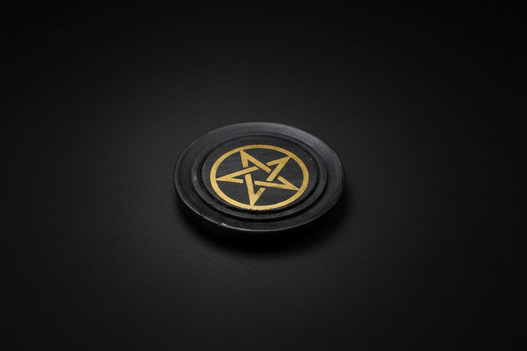 Wood altar tile with a gold-tone pentacle design