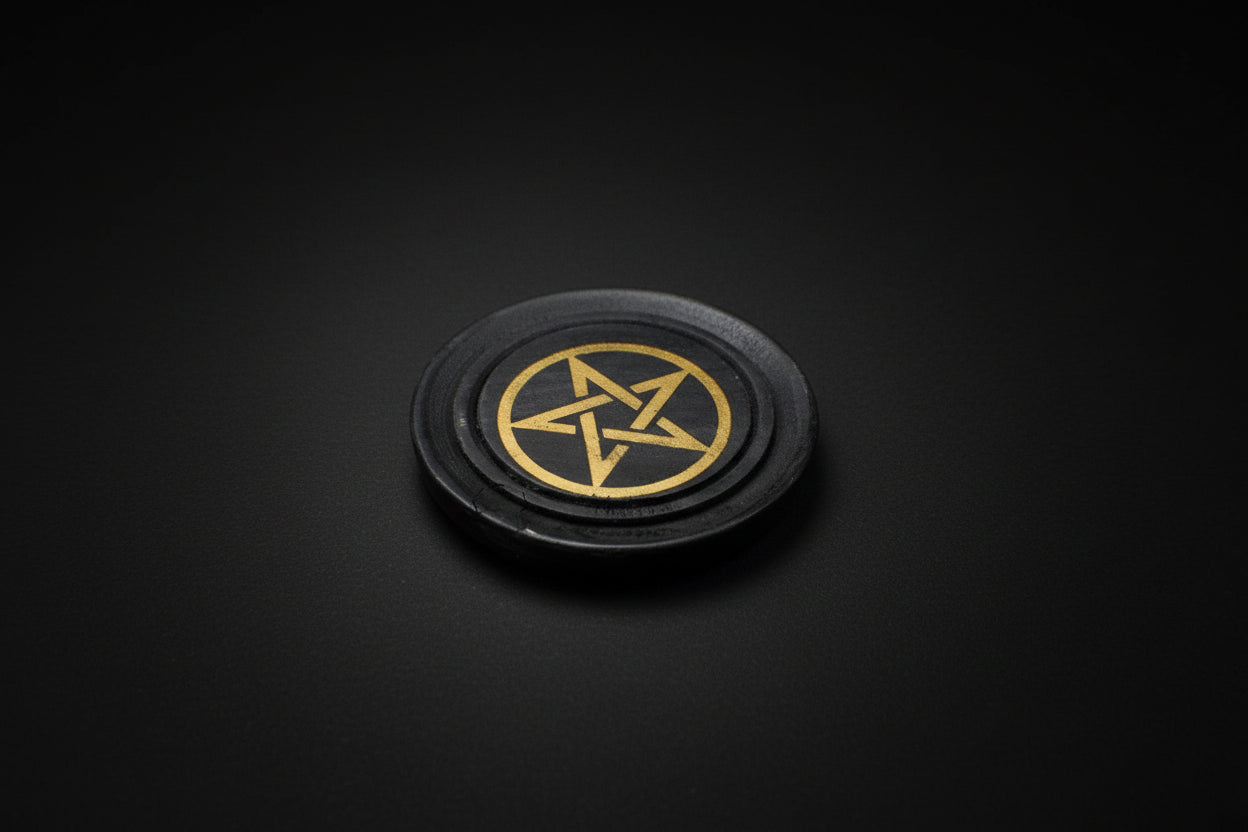 Wood altar tile with a gold-tone pentacle design