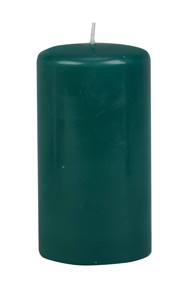 Green 3×6 pillar candle on dark altar, unscented ritual pillar for prosperity and growth