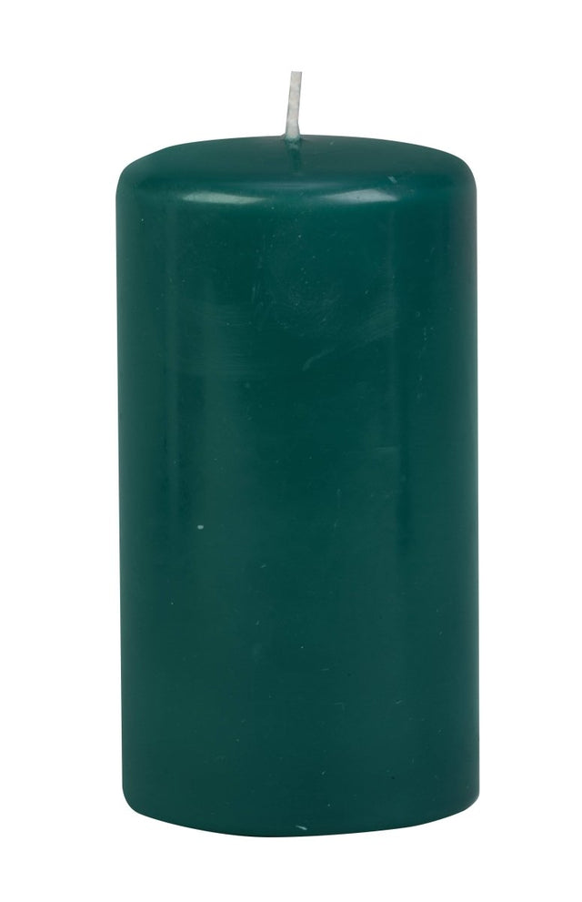 Green 3×6 pillar candle on dark altar, unscented ritual pillar for prosperity and growth