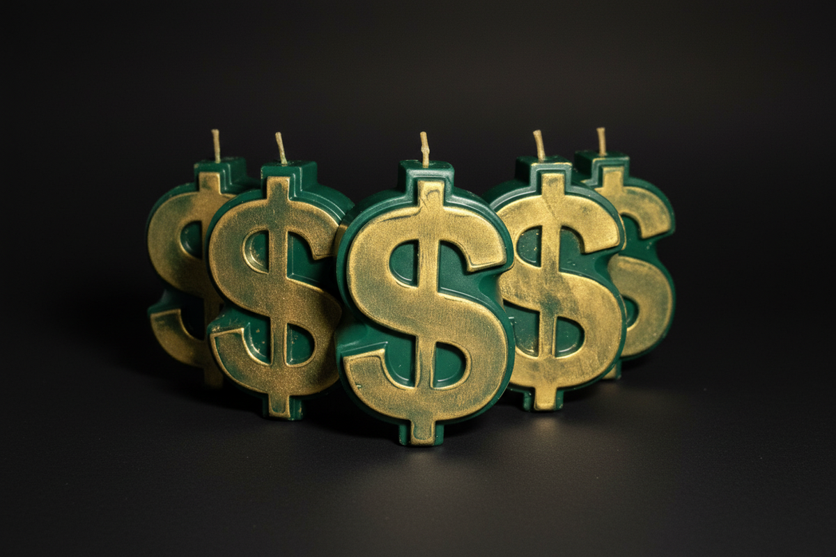 Gold dollar sign candles with green bases on a black background