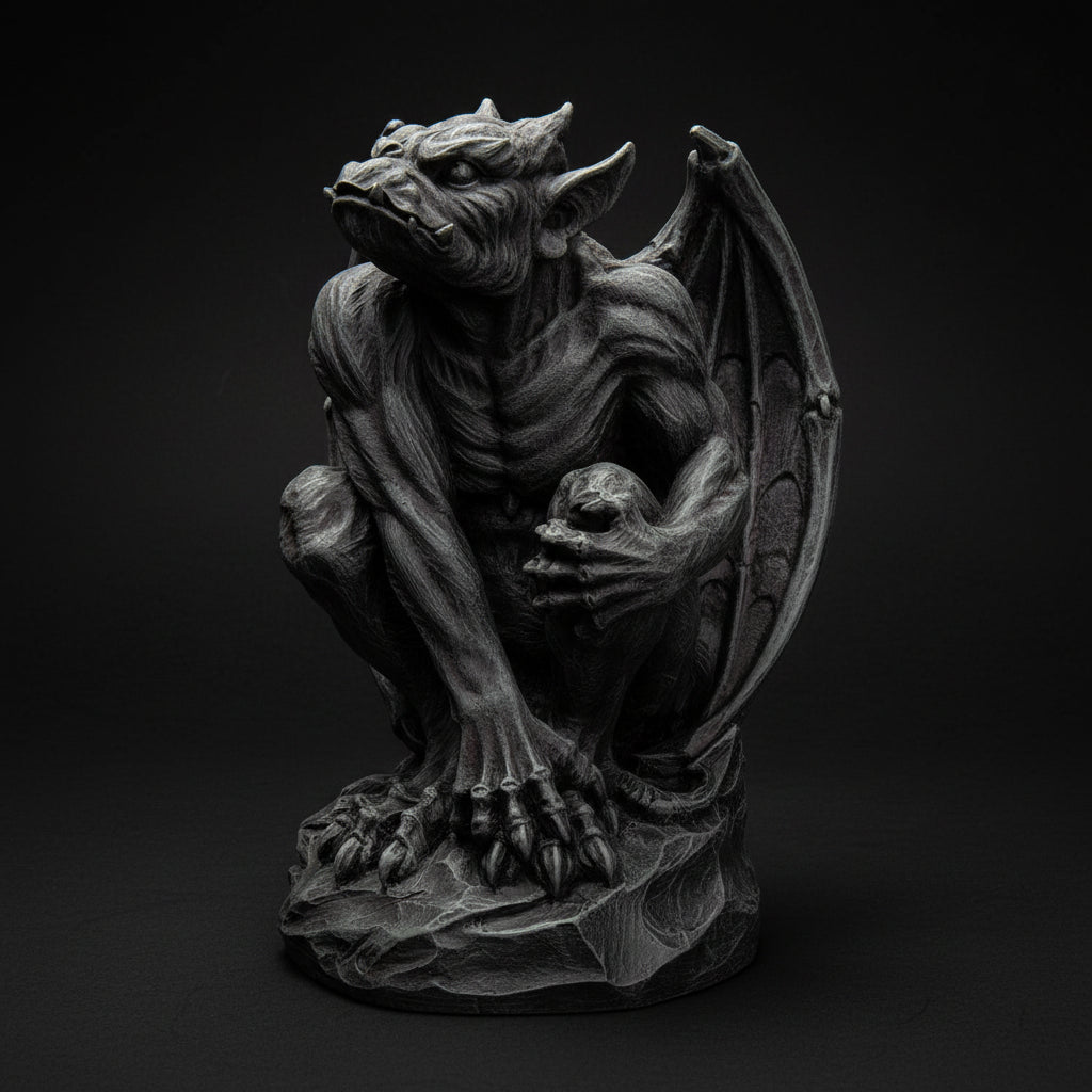 Gargoyle statue made of cold cast resin in crouching winged form used as a protective altar or ritual decor piece.