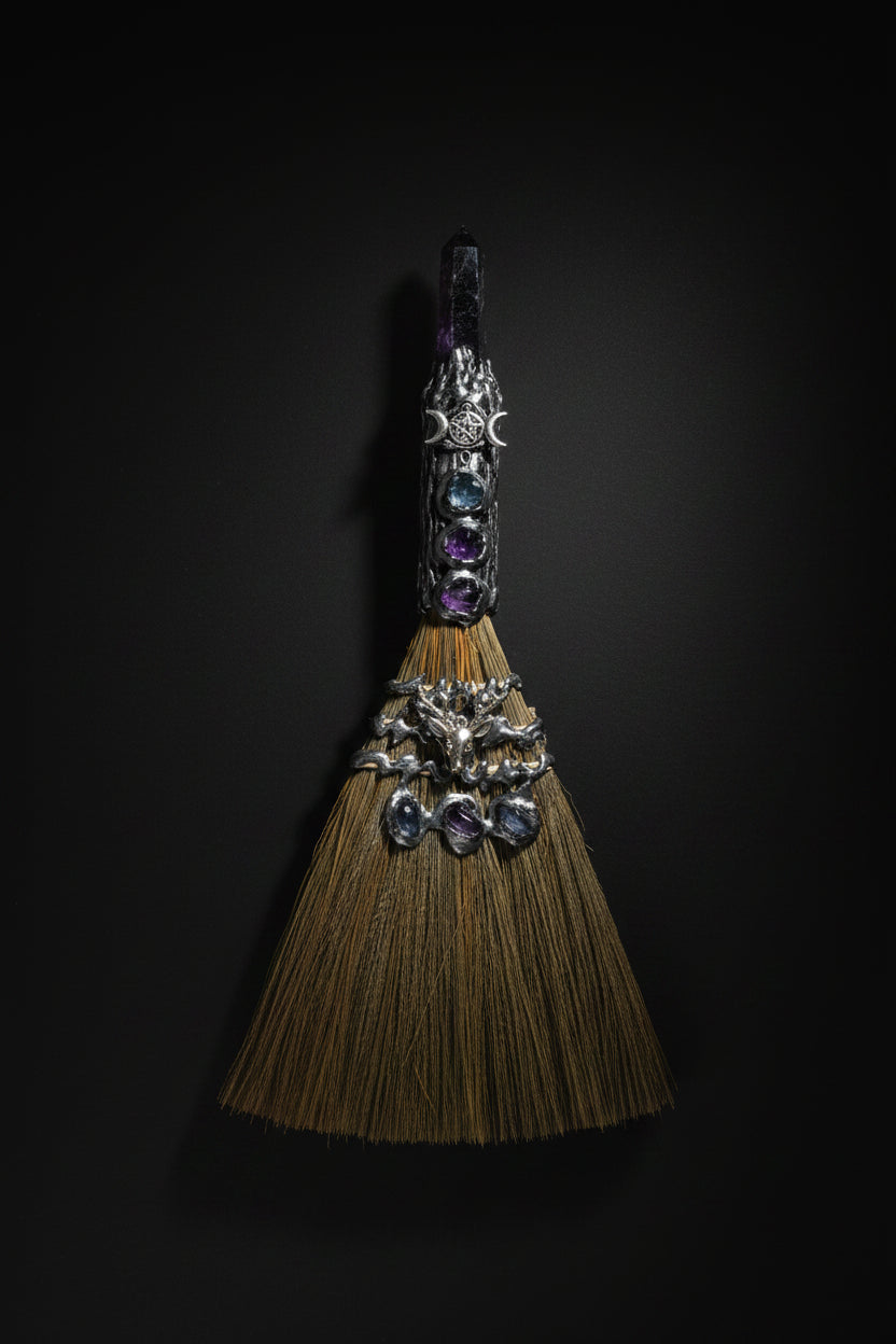 Thirteen-inch decorative altar broom with purple stone accents and silver-tone Triple Moon emblem