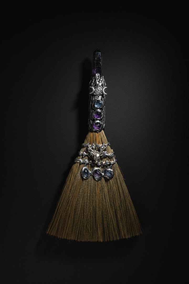 Gemstone Wicca Broom 13in – Amethyst & Silver-Tone Triple Moon