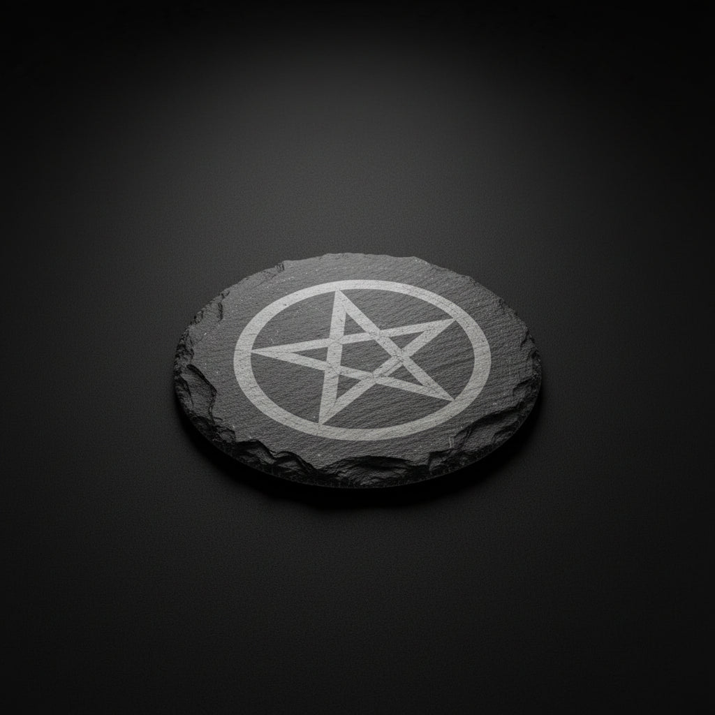 Black altar tile with pentagram design on a black surface