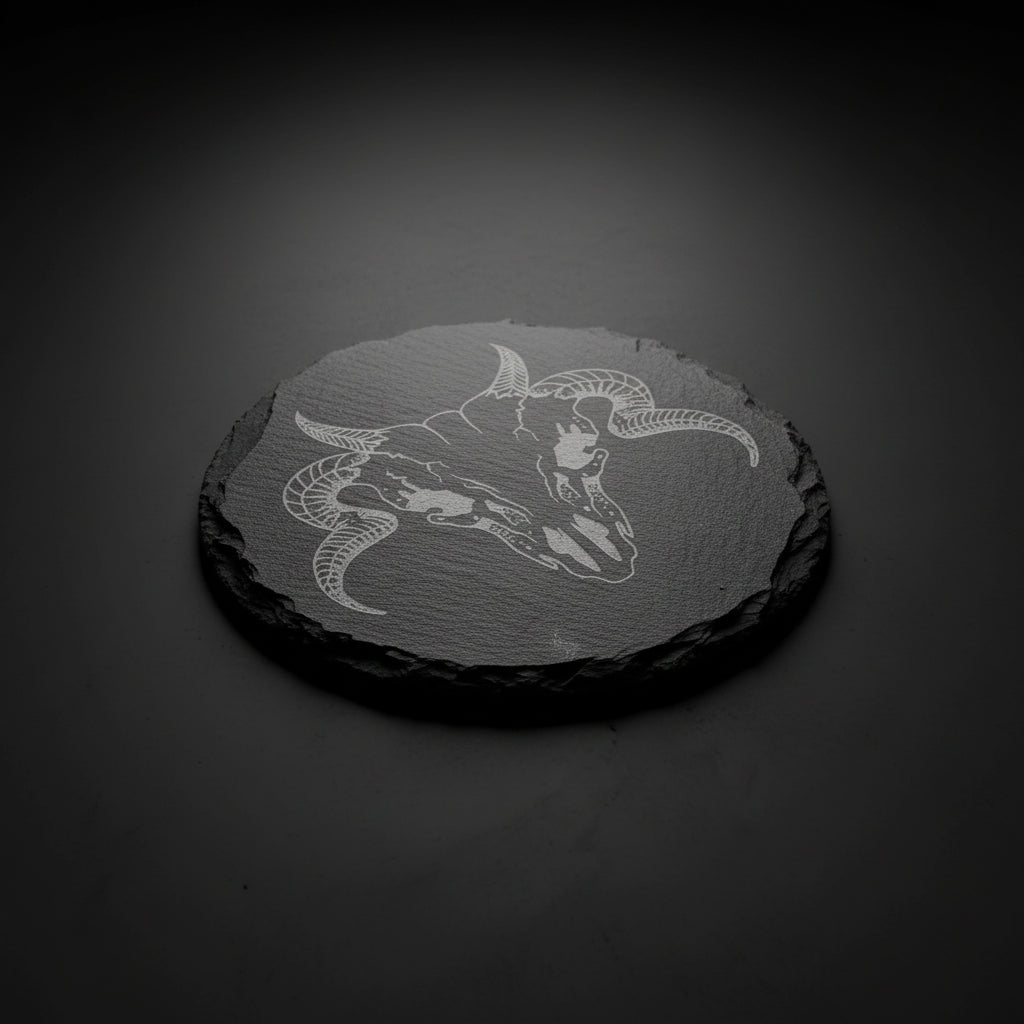 Round slate altar tile engraved with ram skull design used as ritual surface or altar base.