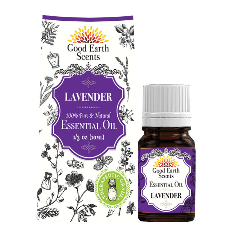 Good Earth Scents lavender essential oil bottle with label on a white background