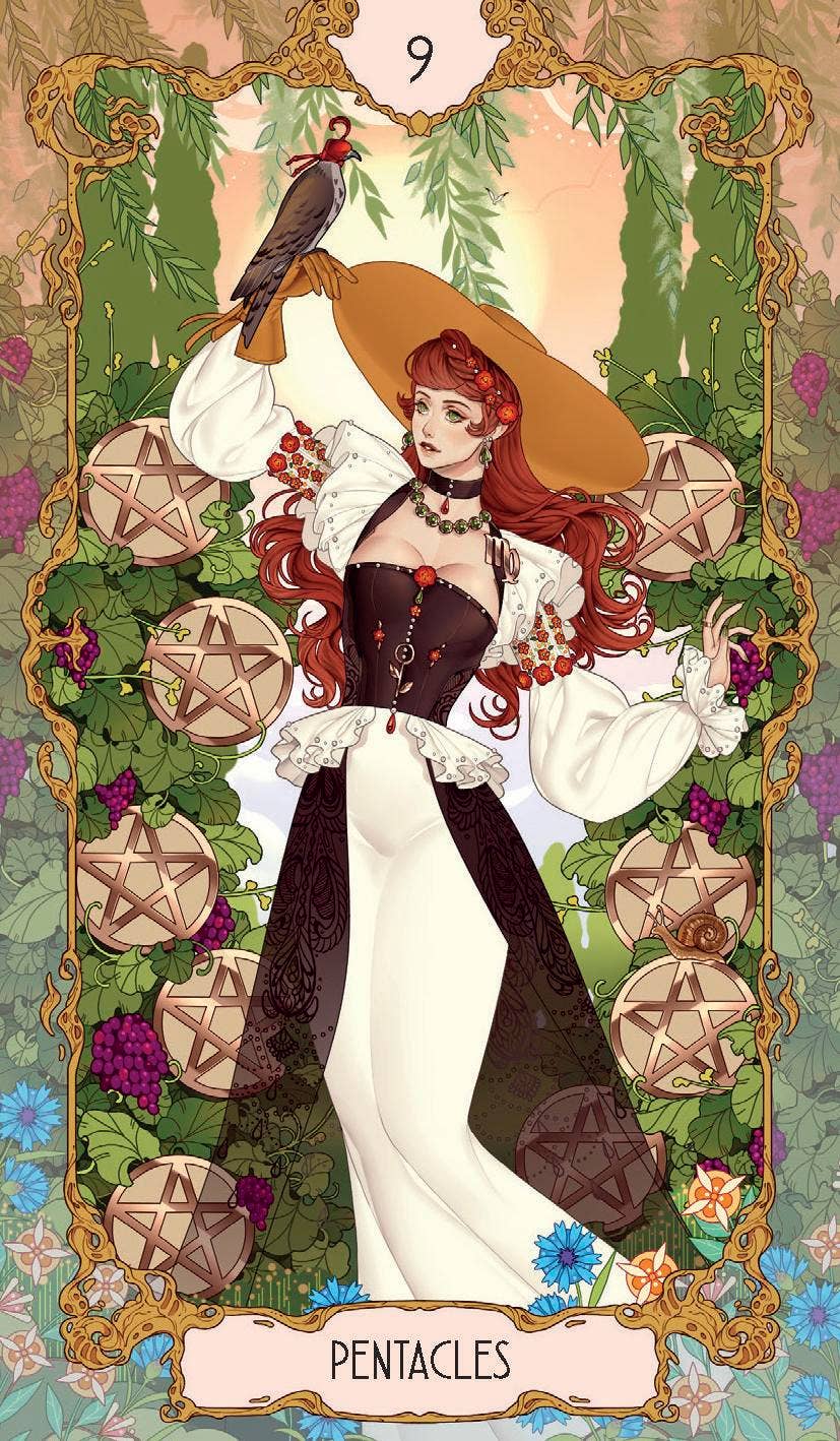 Anima Tarot Nine of Pentacles card with botanical illustration