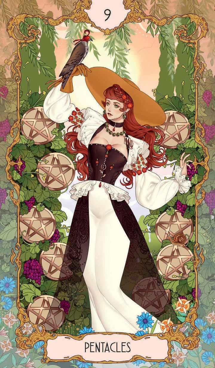 Anima Tarot Nine of Pentacles card with botanical illustration