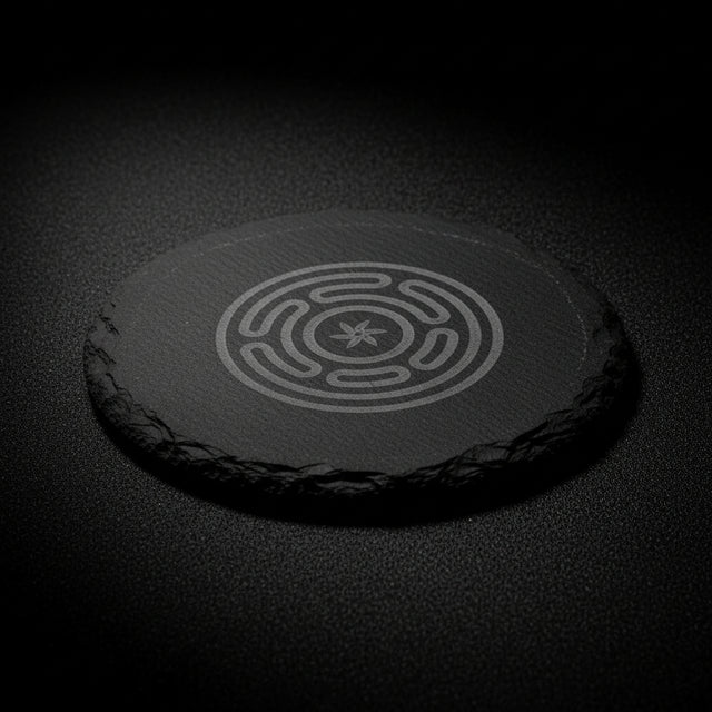Black slate coaster with labyrinth design on a black surface.