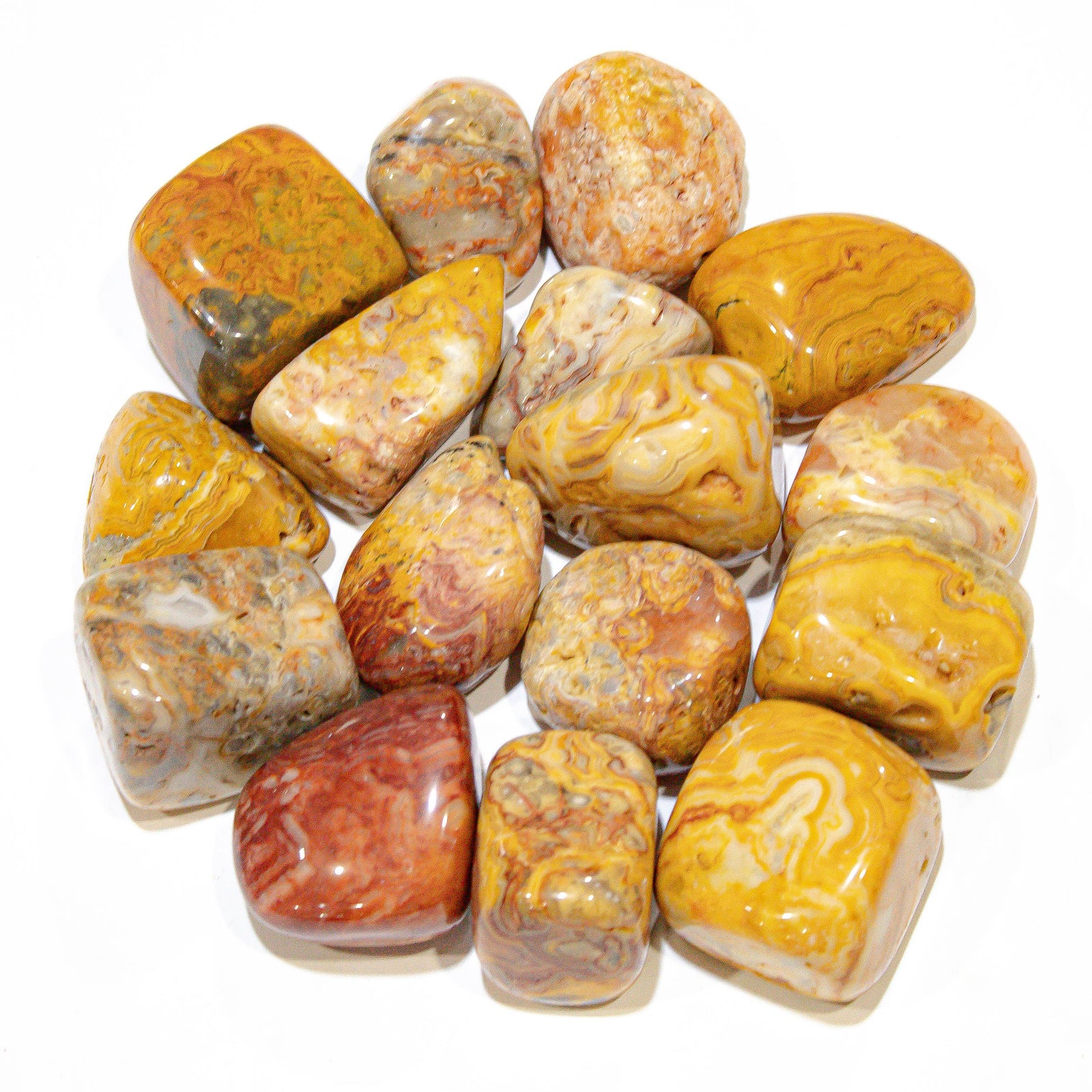 Close-up of polished Crazy Lace Agate stones
