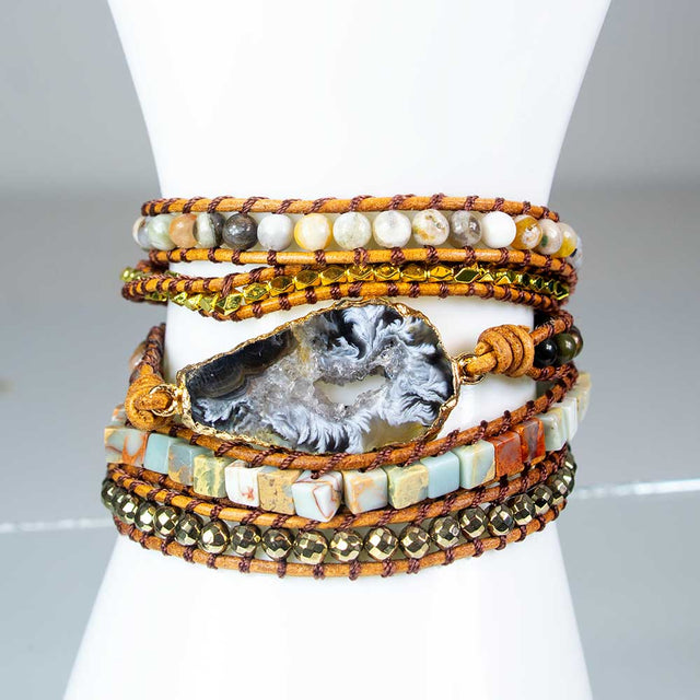 Wrap Bracelet Leather & Mixed Gemstones w/ Agate Accent