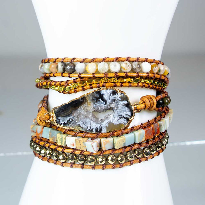 Mixed Gemstone & Agate Leather Wrap Bracelet – Approx. 36 in