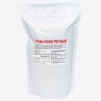 White bag of pink rose petals with a label on a white background