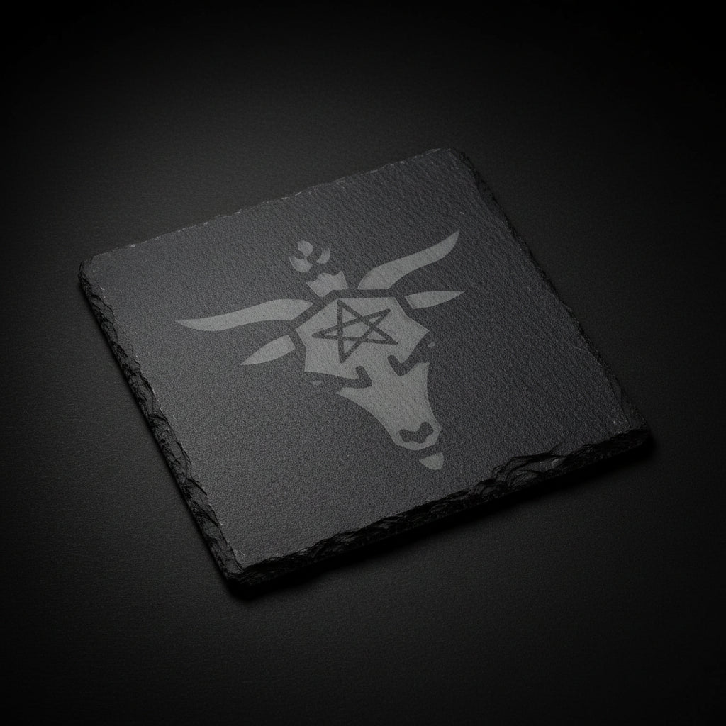 Baphomet figure with pentagram engraved on square slate altar tile used for grounding and altar work.