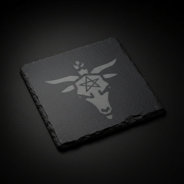 Baphomet figure with pentagram engraved on square slate altar tile used for grounding and altar work.