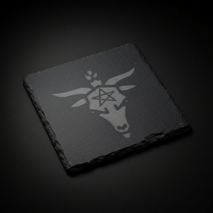 Baphomet figure with pentagram engraved on square slate altar tile used for grounding and altar work.