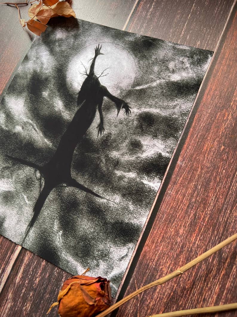 Witch full moon art print shown framed